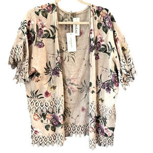 Pure linen beautiful cream floral kimono type shirt one size fits most